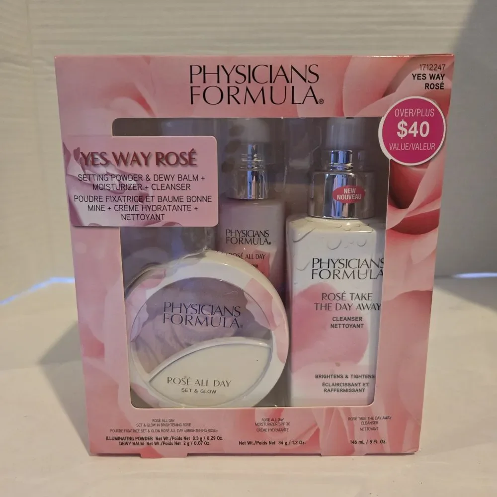 Physicians Formula Yes Way Rose SET Cleanser Moisturizer Setting Powder/Balm New